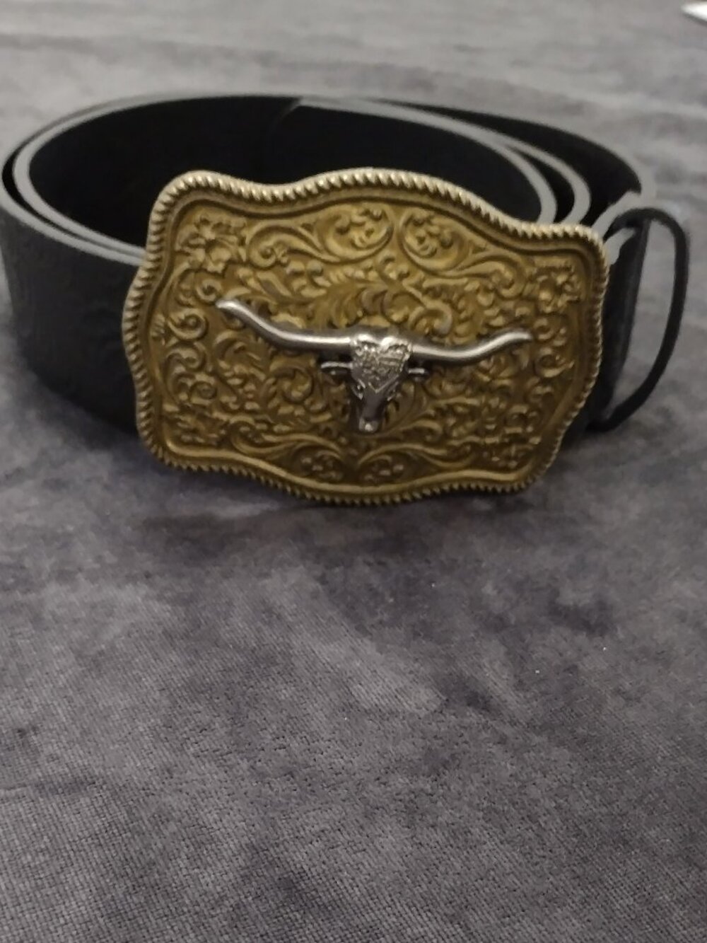 Western Longhorn Skull Statement Belt Engraved Gold Buckle Ranch Style - Picture 4 of 11